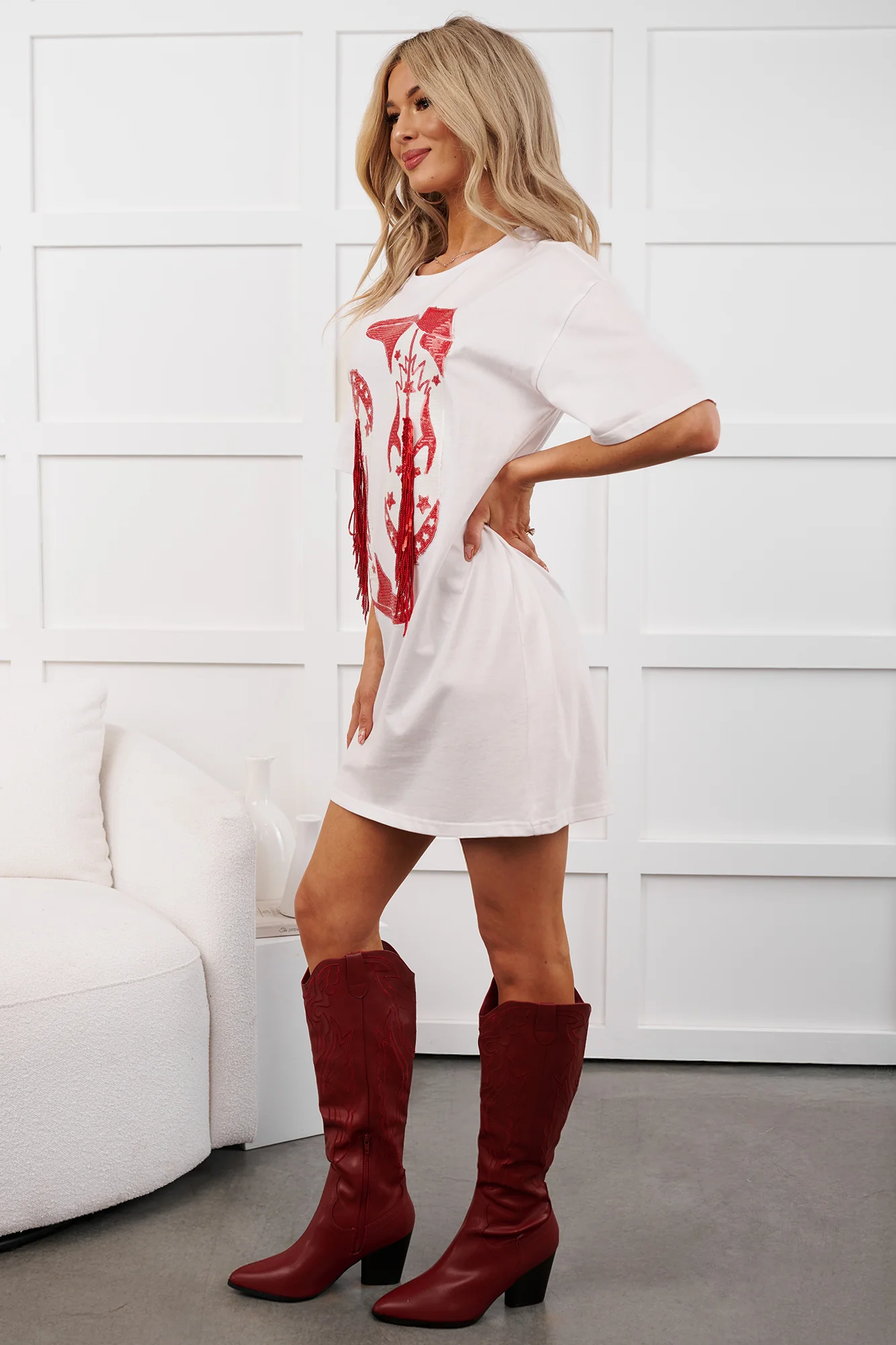 Rhinestone Rodeo Sequin Cowboy Boots T-Shirt Dress (White) - Image 7