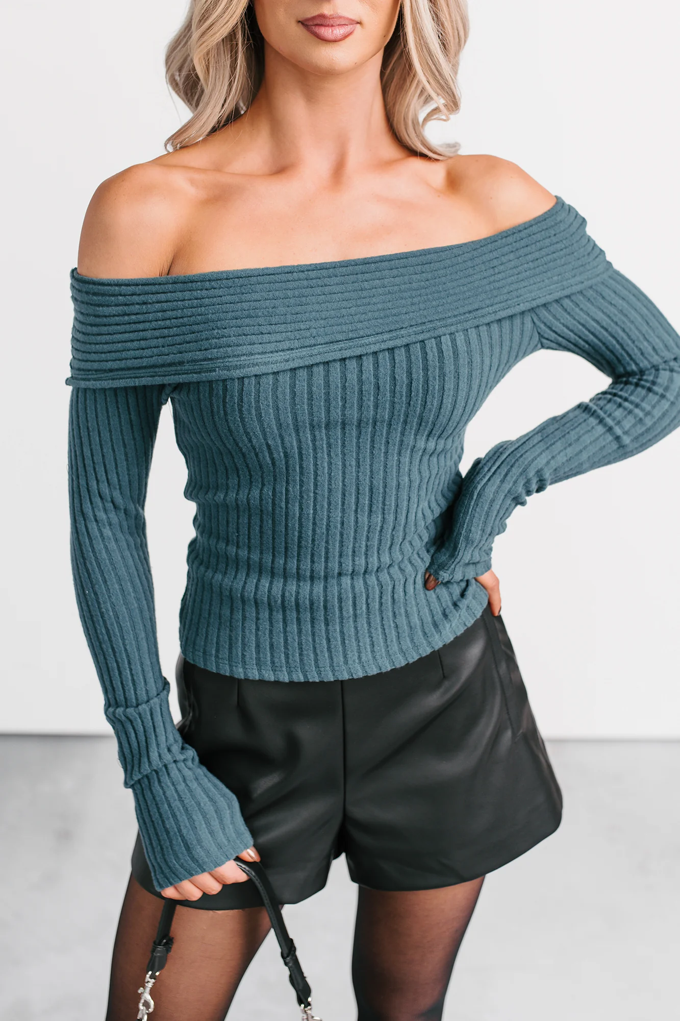 Risk It All Off-The Shoulder Ribbed Top (Sea Moss) - Image 3