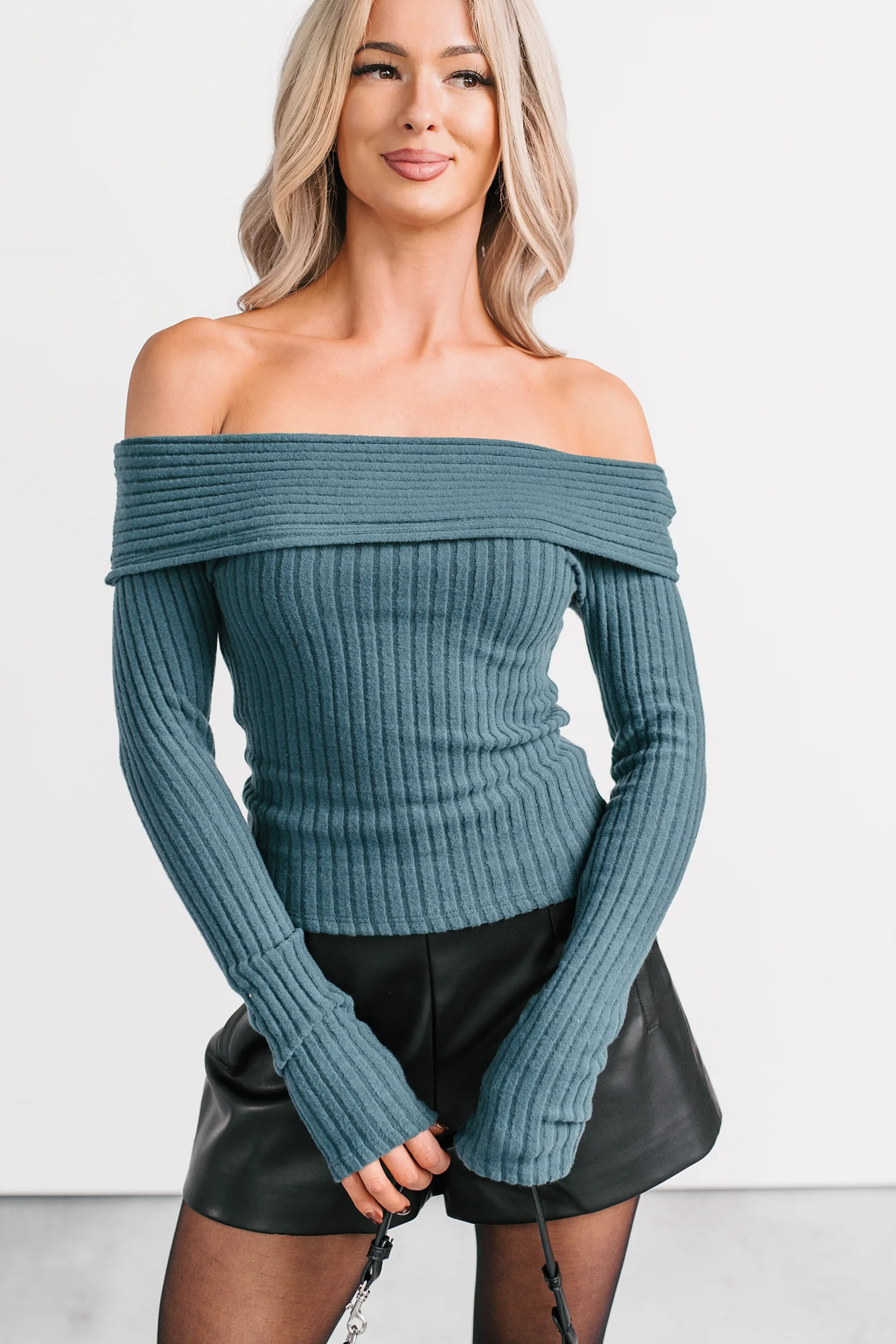 Risk It All Off-The Shoulder Ribbed Top (Sea Moss) - Image 5