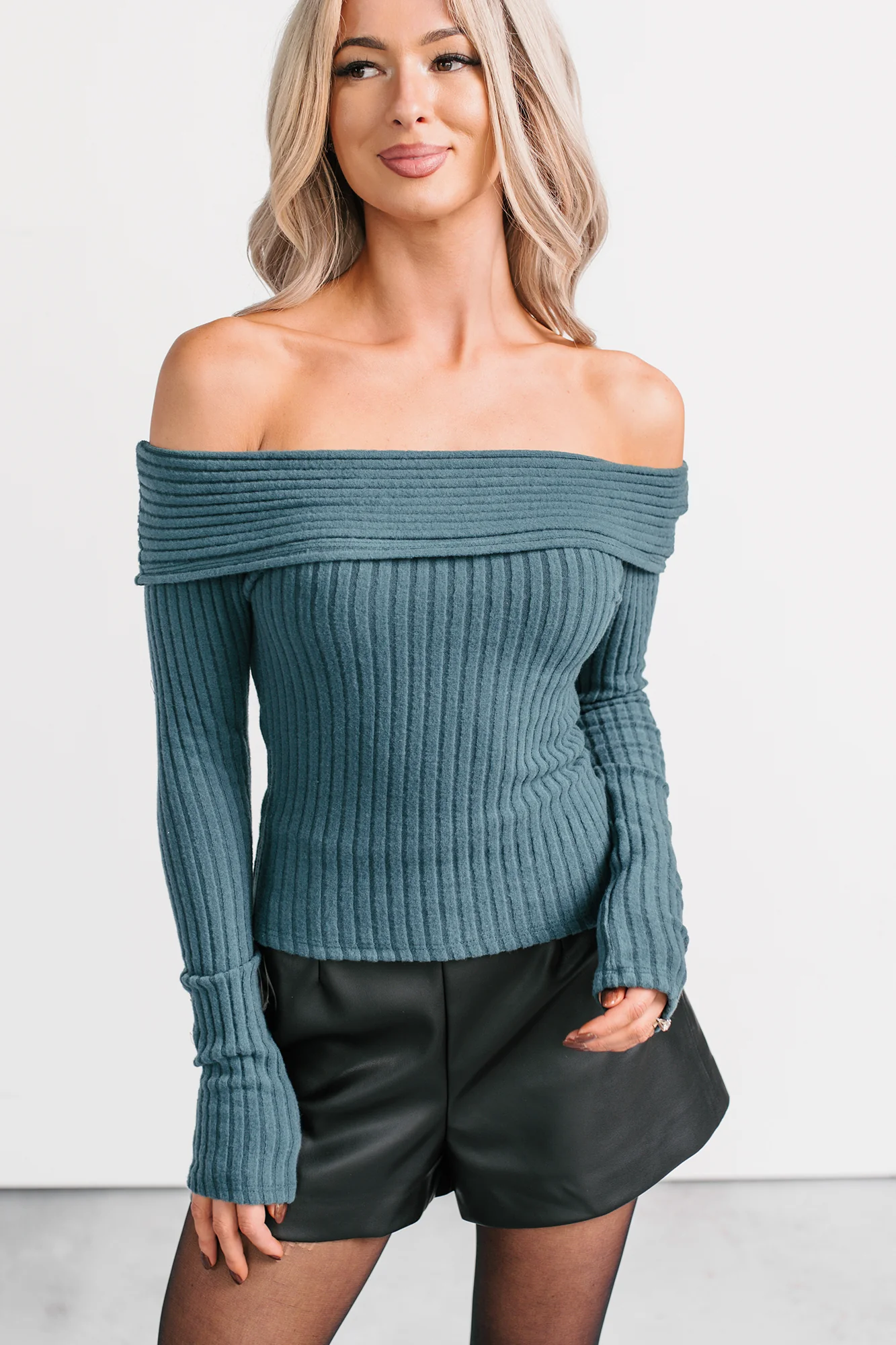 Risk It All Off-The Shoulder Ribbed Top (Sea Moss) - Image 7