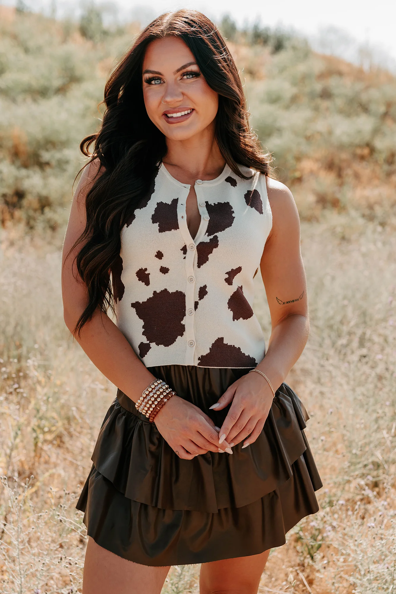 Rodeo Glow Sleeveless Cow Print Top (Beige/Brown) - Image 6