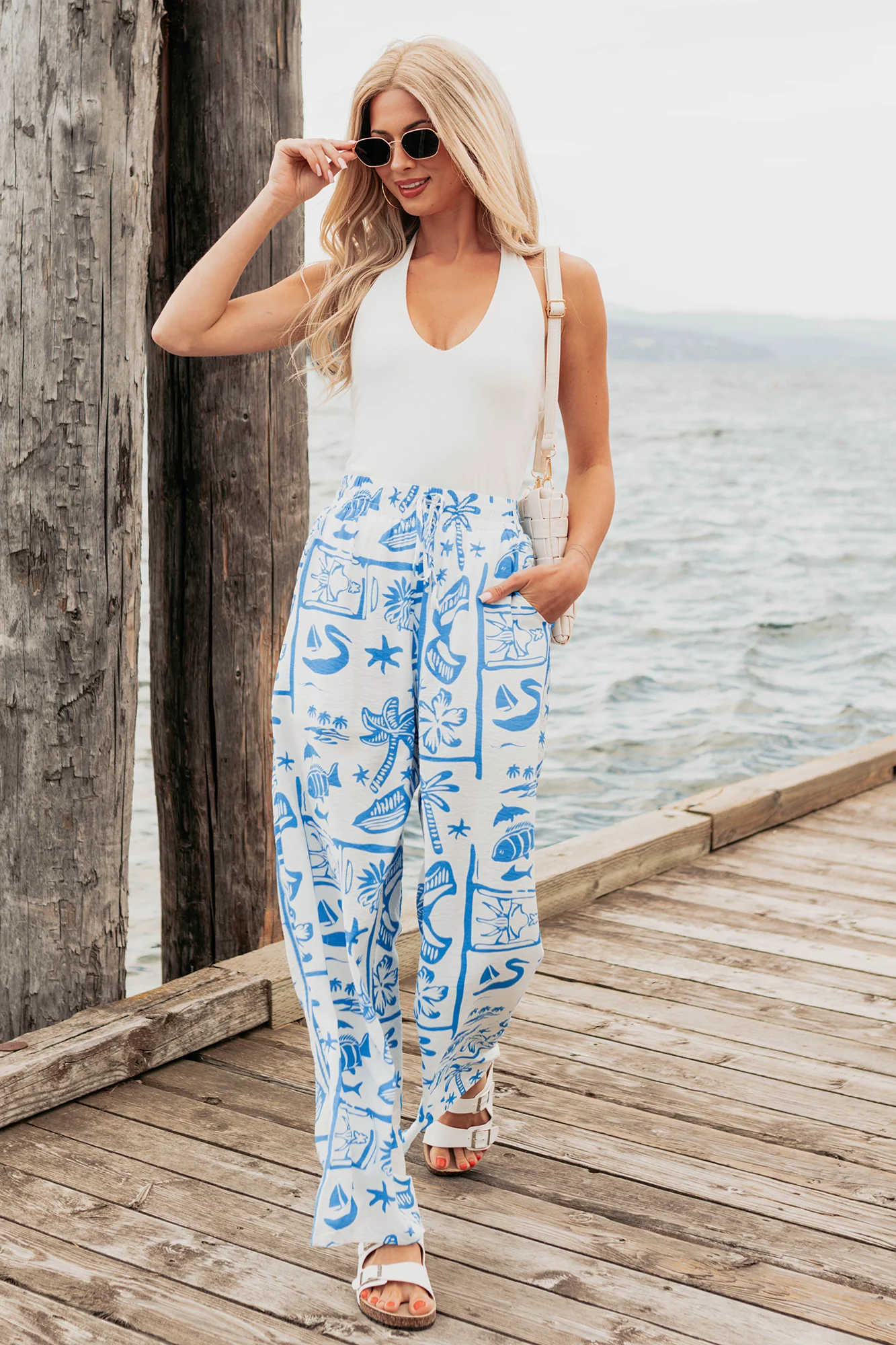Saltwater Serenade Tropical Pattern Wide Leg Pants (Blue) - Image 8