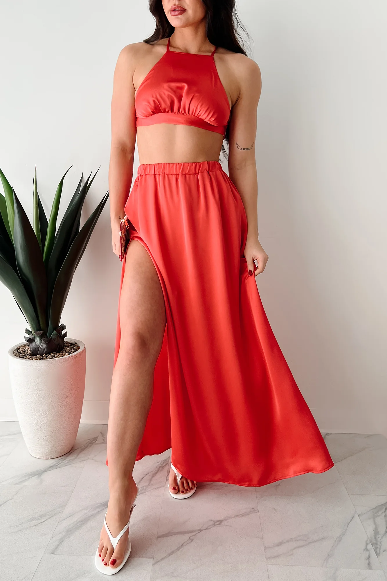 Sending Signals Halter Two Piece Maxi Set (Red Orange) - Image 3