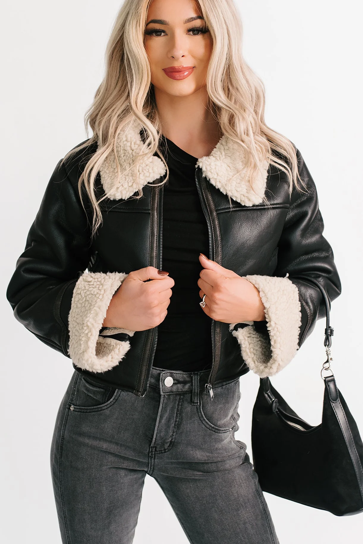 Serves You Right Sherpa Lined Faux Leather Jacket (Black)