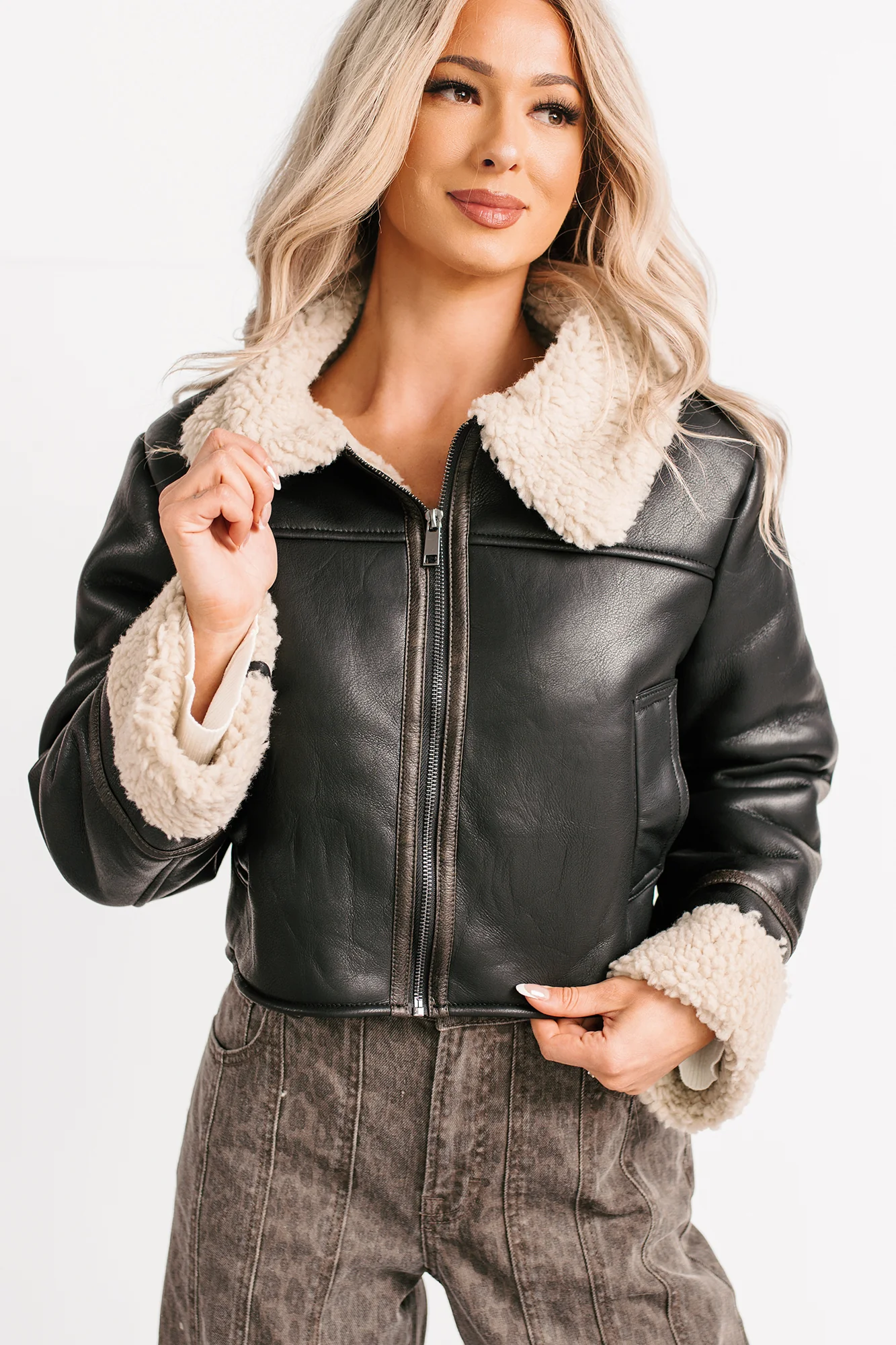 Serves You Right Sherpa Lined Faux Leather Jacket (Black) - Image 4
