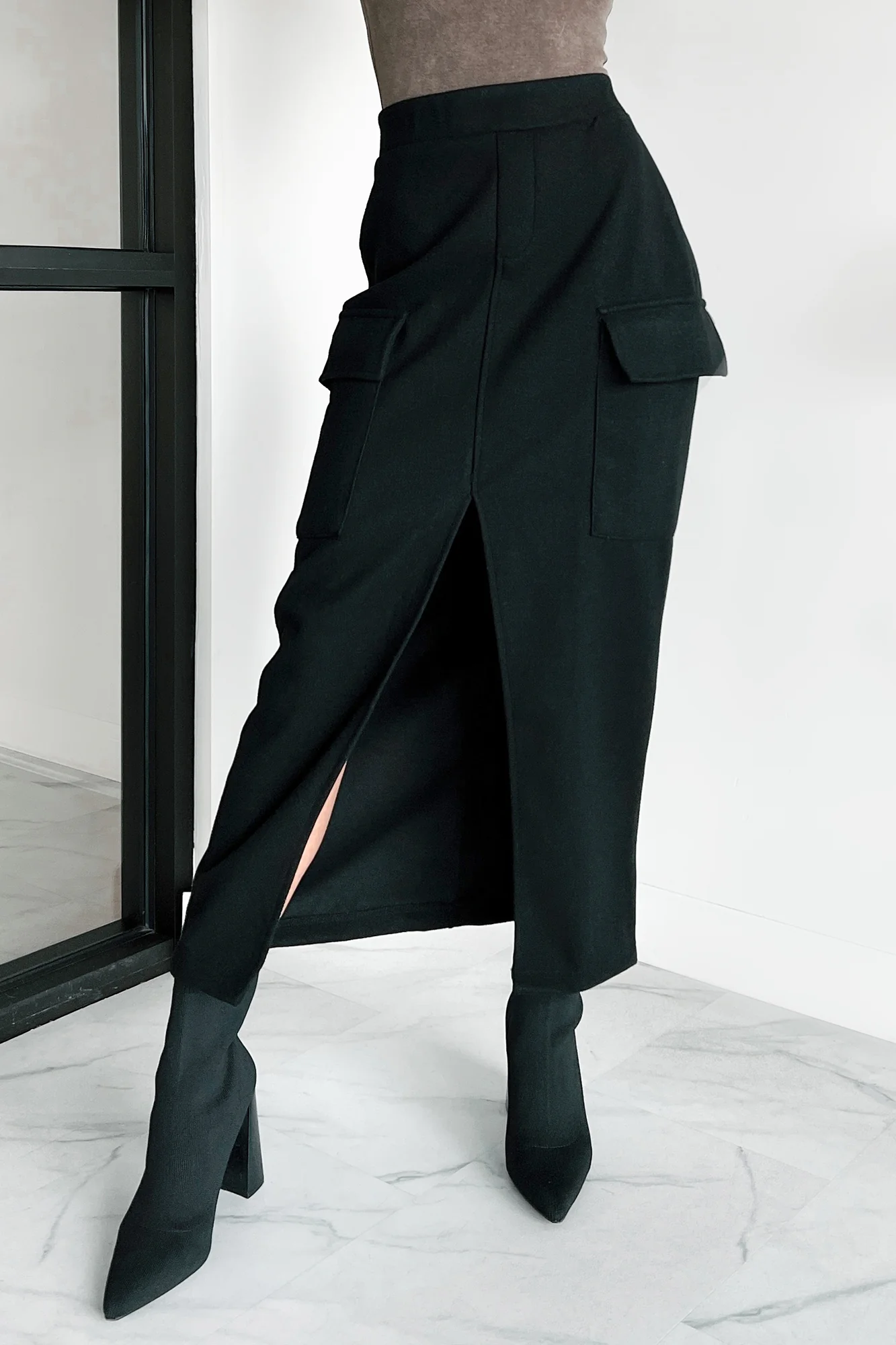 Setting New Standards Brushed Knit Cargo Midi Skirt (Black) - Image 3
