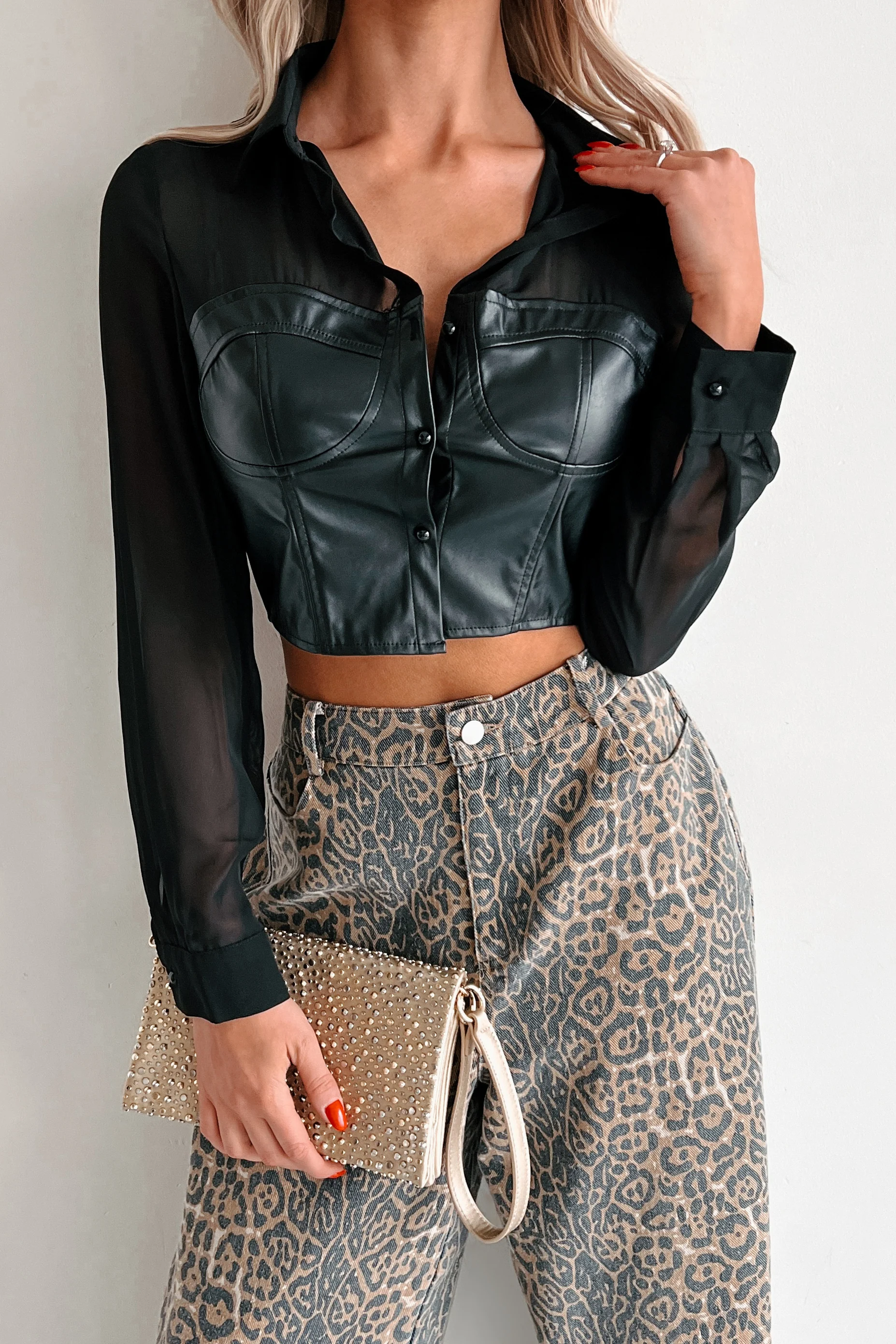 Sheer Passion Faux Leather Blouse (Black) - Image 4