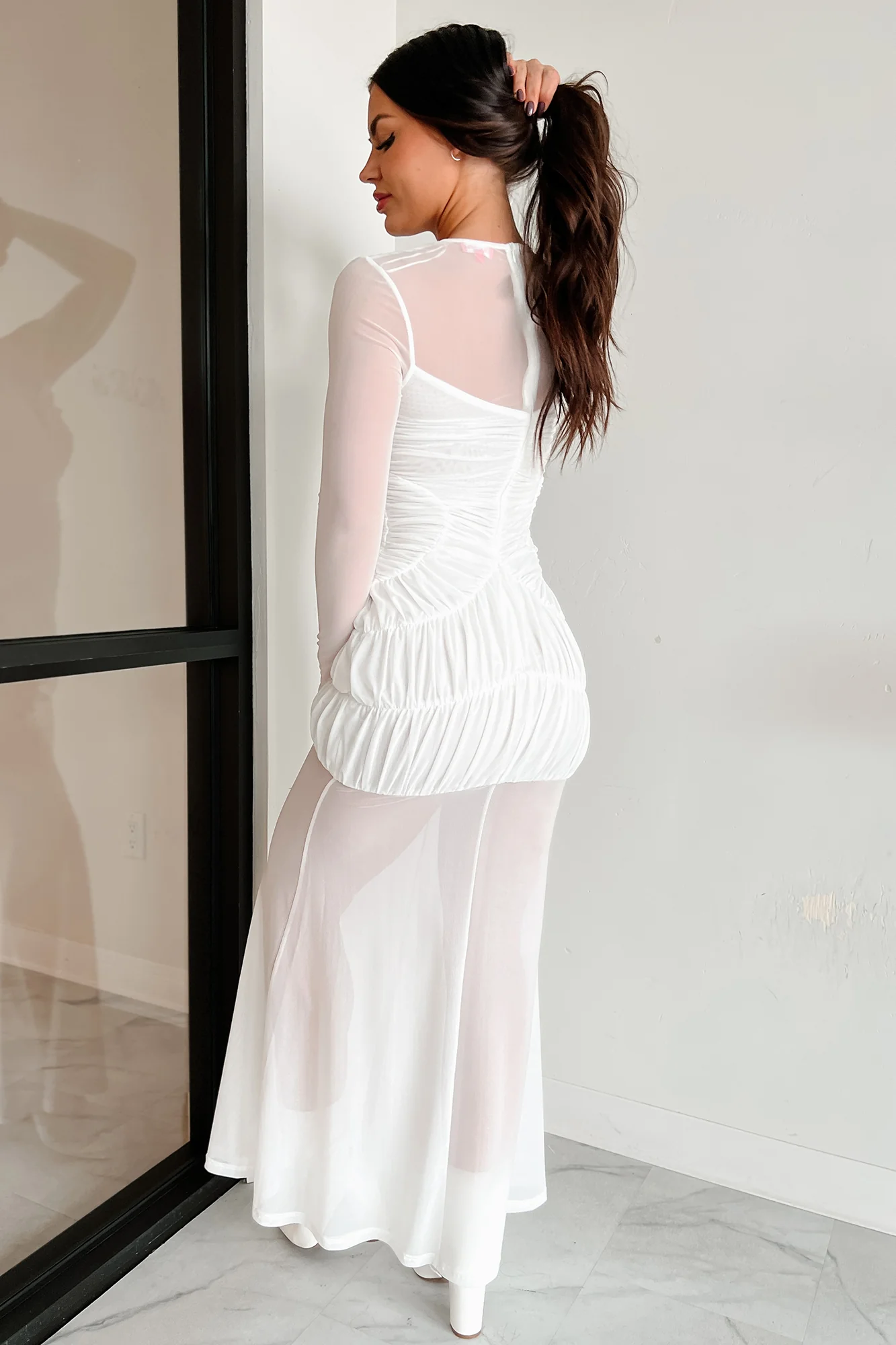 Sipping My Problems Away Shirred Mesh Maxi Dress (White) - Image 4
