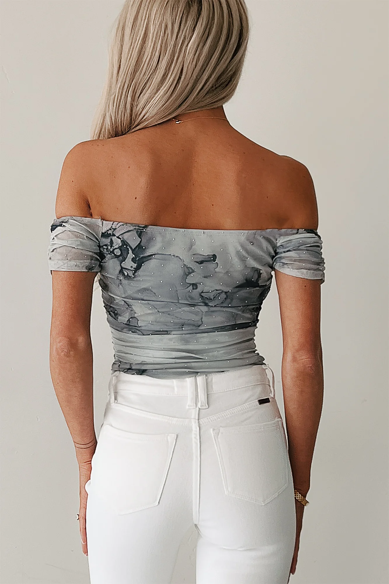 Starlit Sweetie Off The Shoulder Studded Mesh Bodysuit (Grey) - Image 4