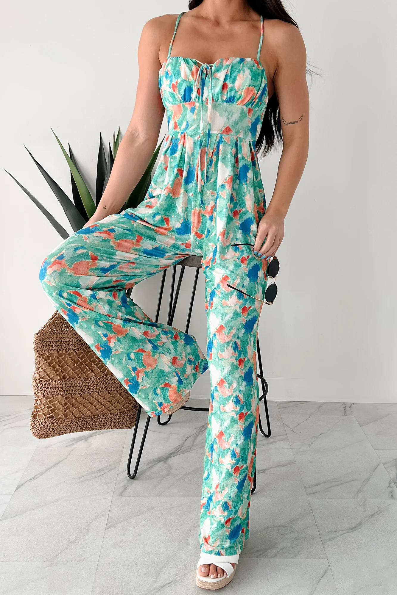 Step Into Stillness Watercolor Print Jumpsuit (Green) - Image 7
