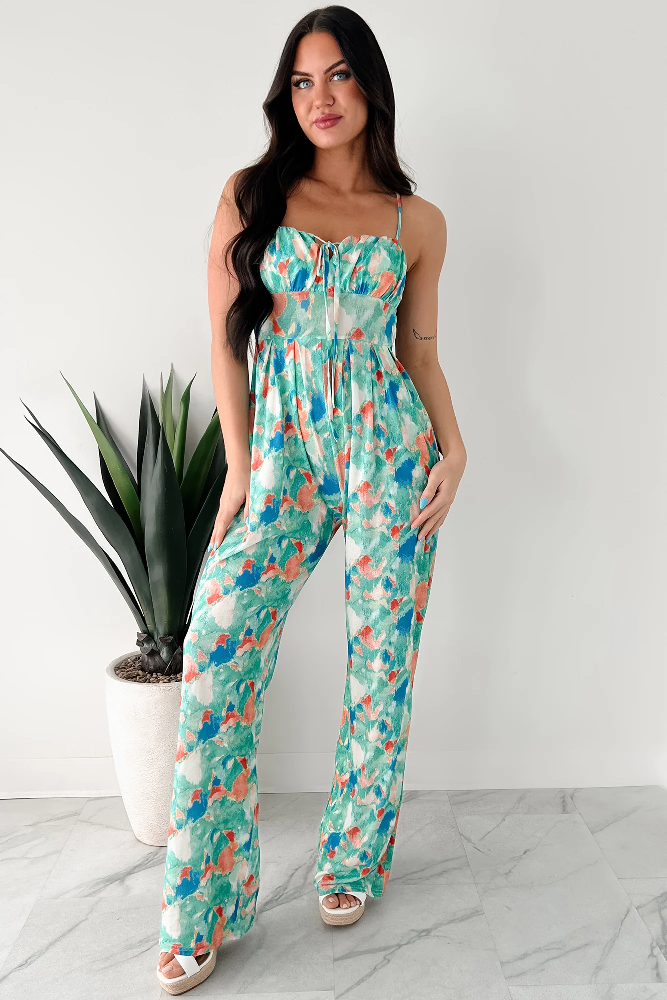 Step Into Stillness Watercolor Print Jumpsuit (Green) - Image 9
