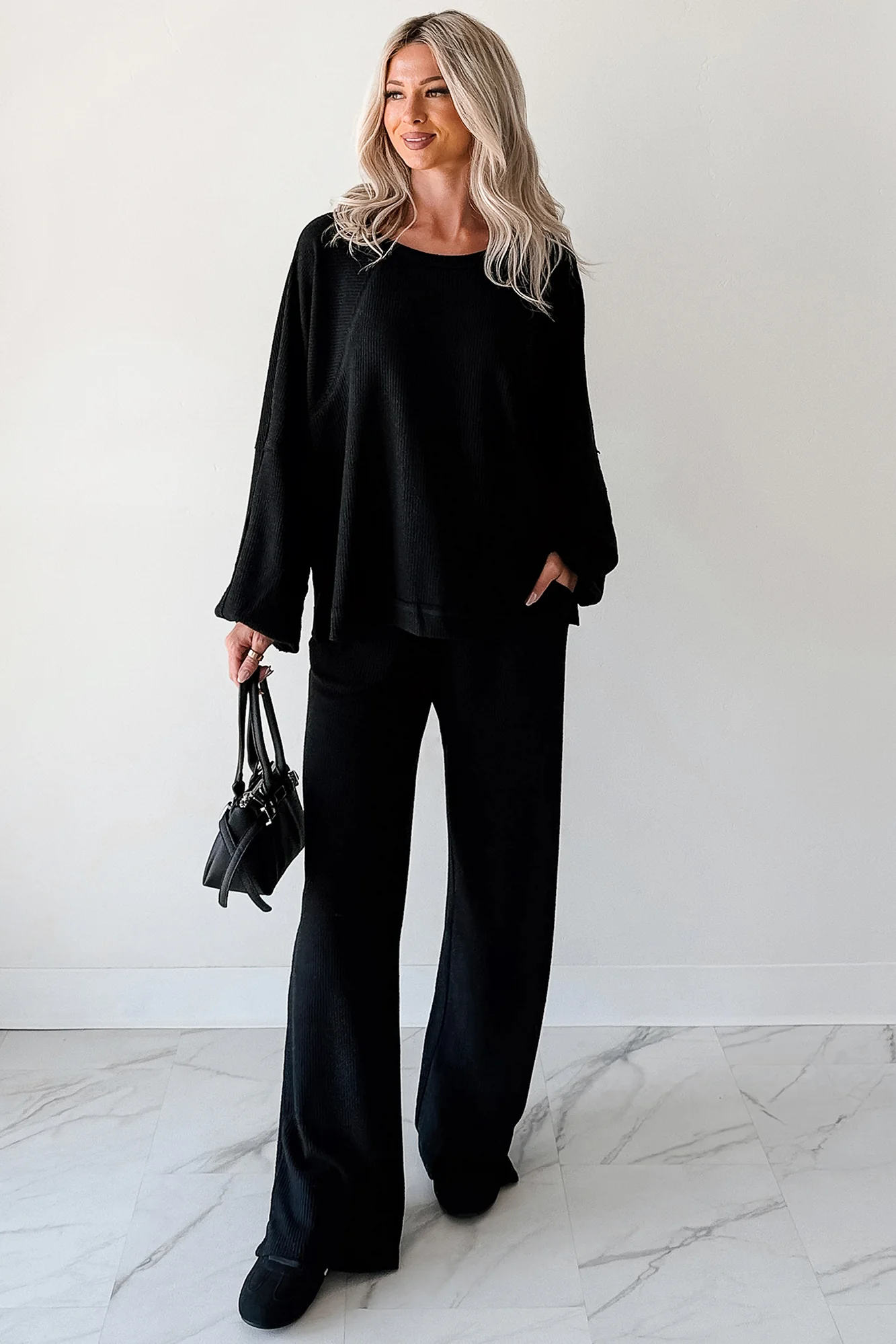 Still Breathing Waffle Knit Long Sleeve Top (Black) - Image 2