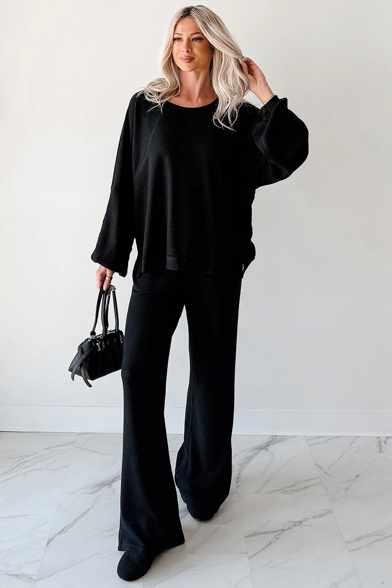 Still Breathing Waffle Knit Long Sleeve Top (Black) - Image 6