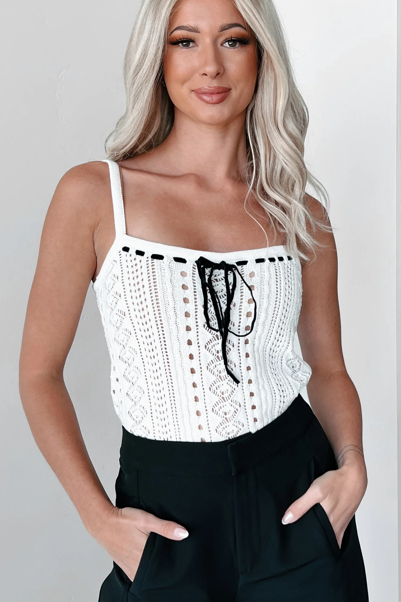 Subtle Charmer Contrast Bow Sweater Tank (White/Black) - Image 5