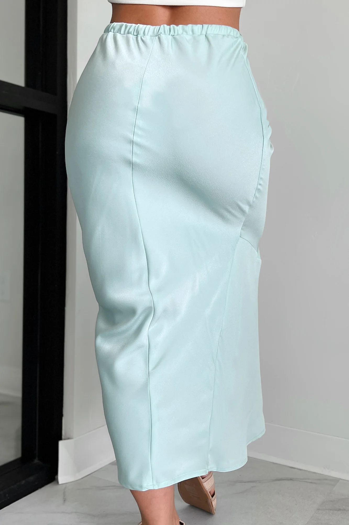 Such A Dreamer Drawstring Waist Satin Midi Skirt (Light Seagreen) - Image 5