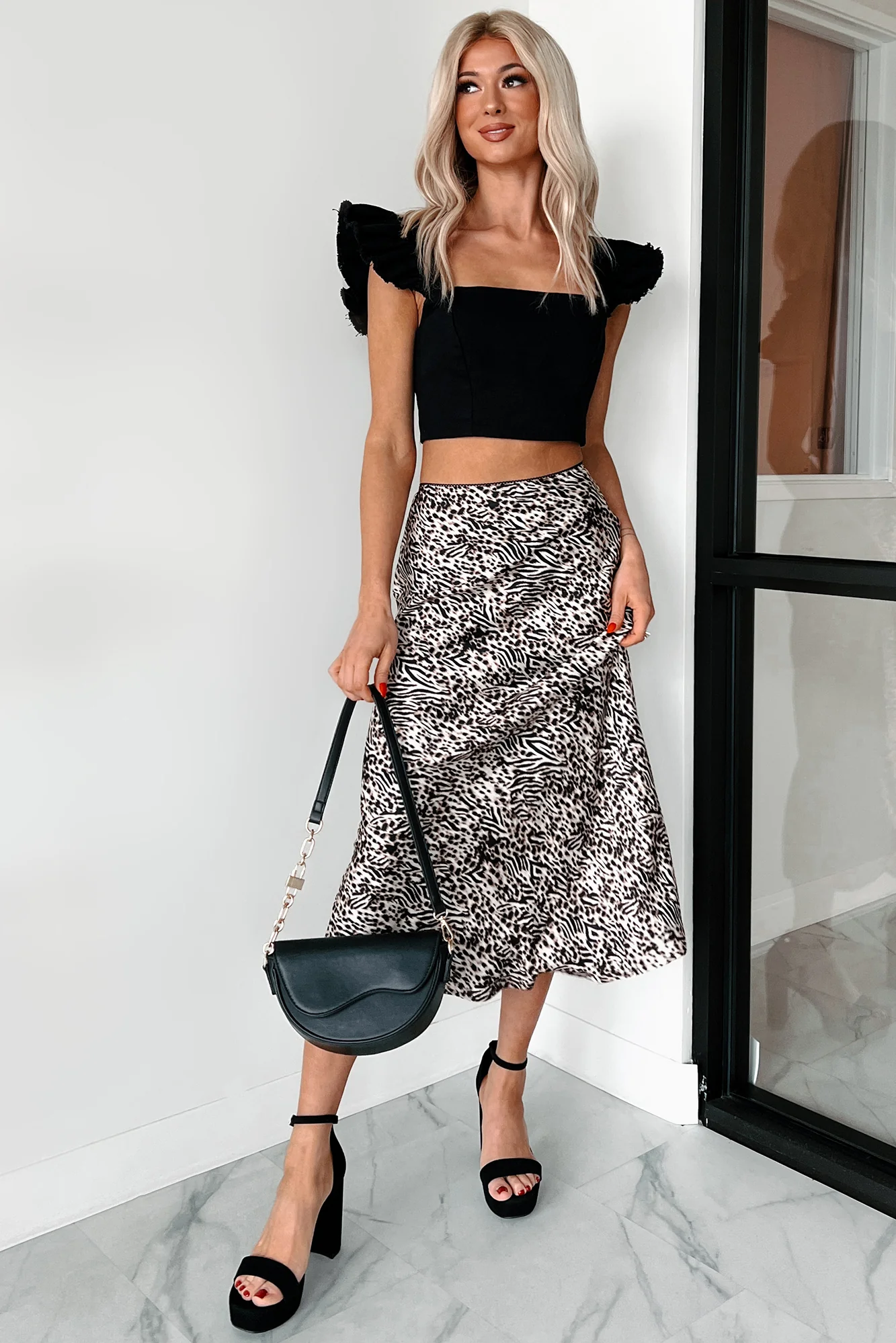 Summer Ready Ruffle Sleeve Denim Crop Top (Black) - Image 9