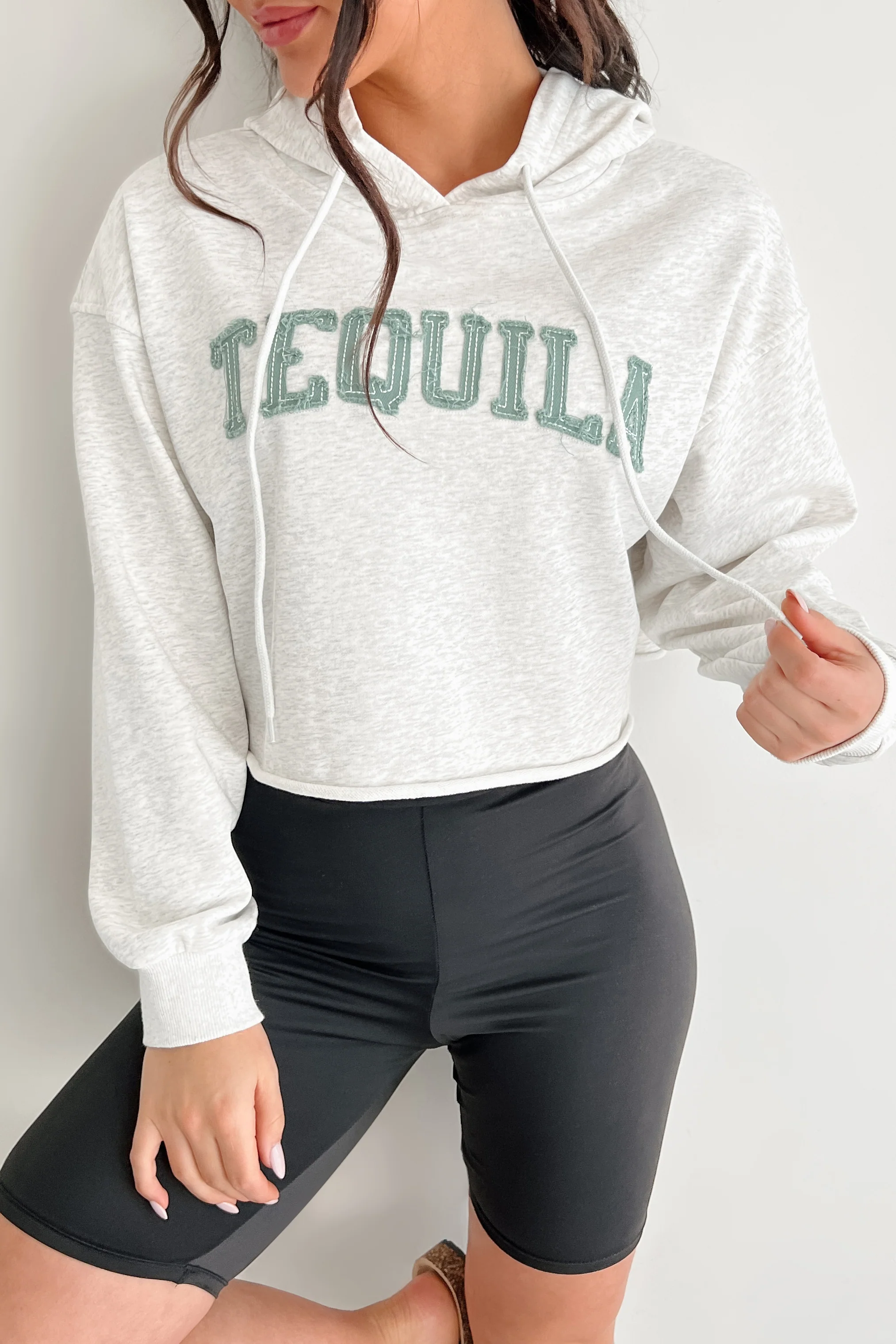 "Tequila" Embroidered Crop Hoodie (Heather Grey) - Image 3