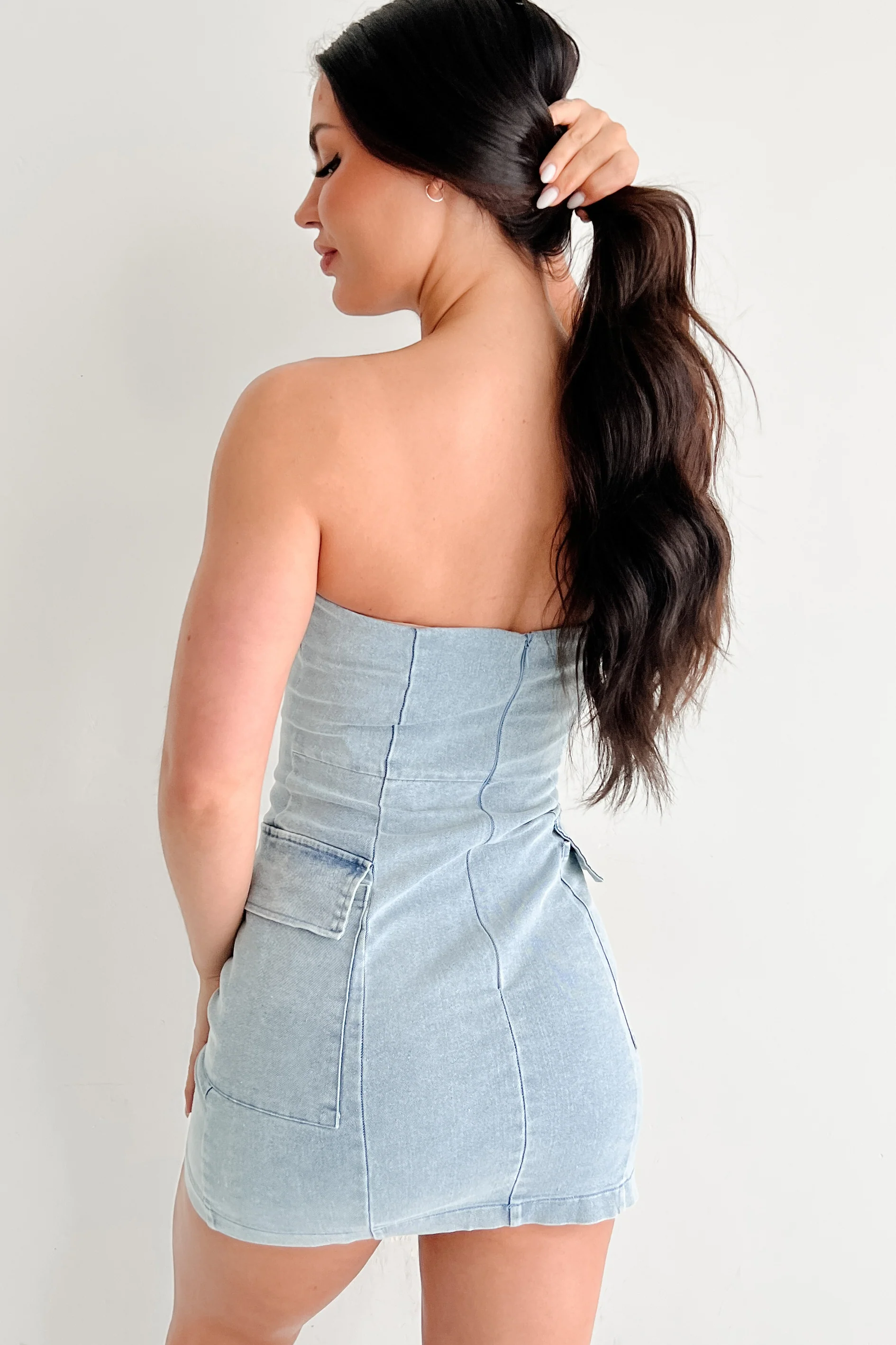 The Afternoon Edit Strapless Mini Dress (Denim) - Image 4
