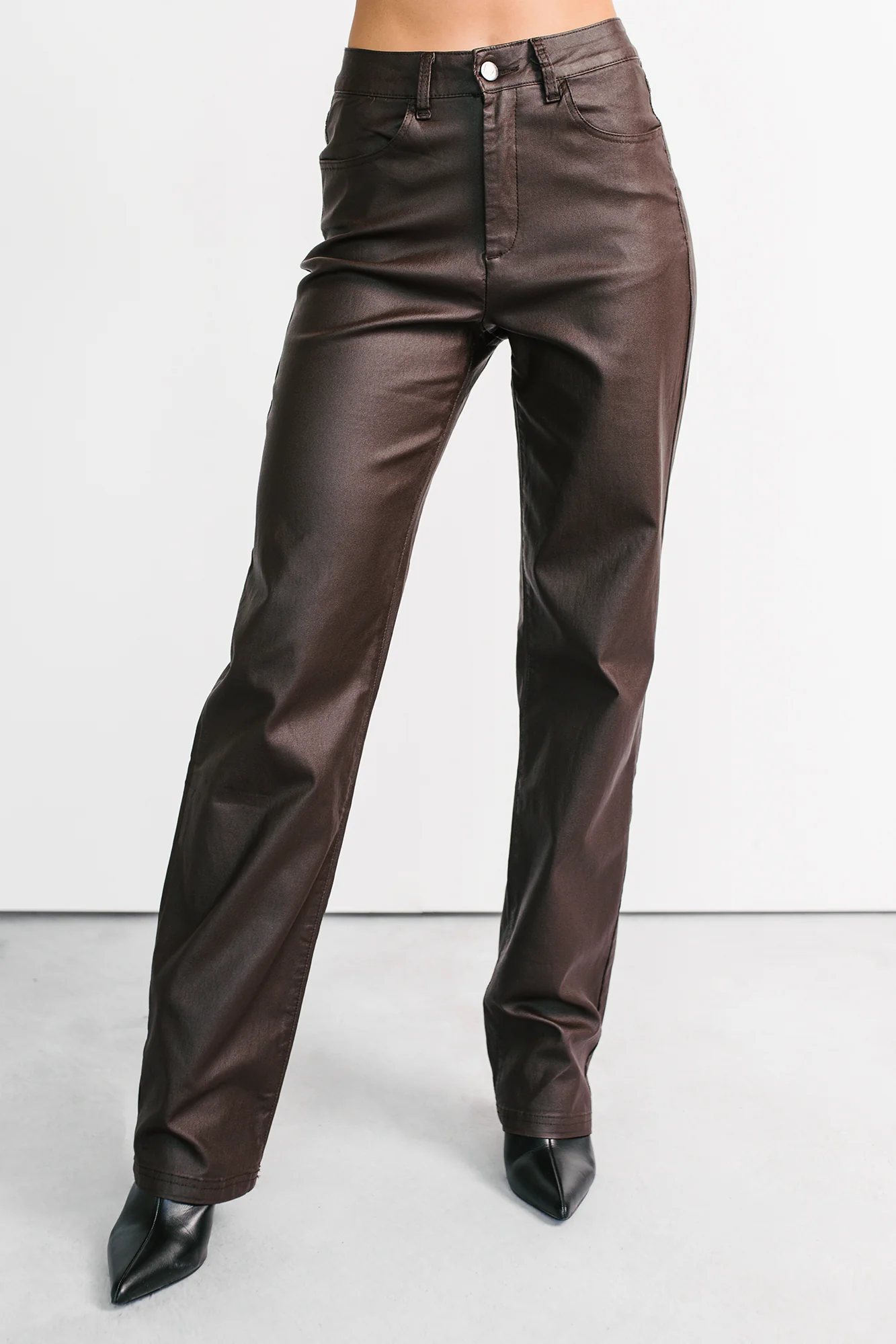 Truett Straight Leg Faux Leather Pants (Dark Brown) - Image 2