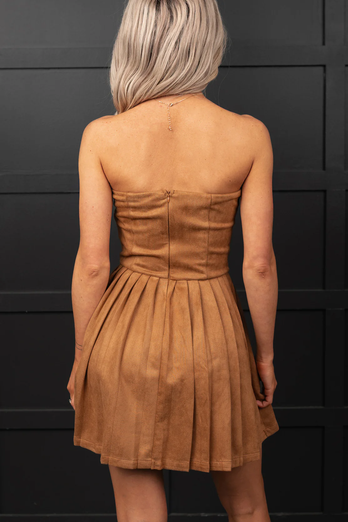 Up A Notch Faux Suede Pleated Mini Dress (Camel) - Image 5