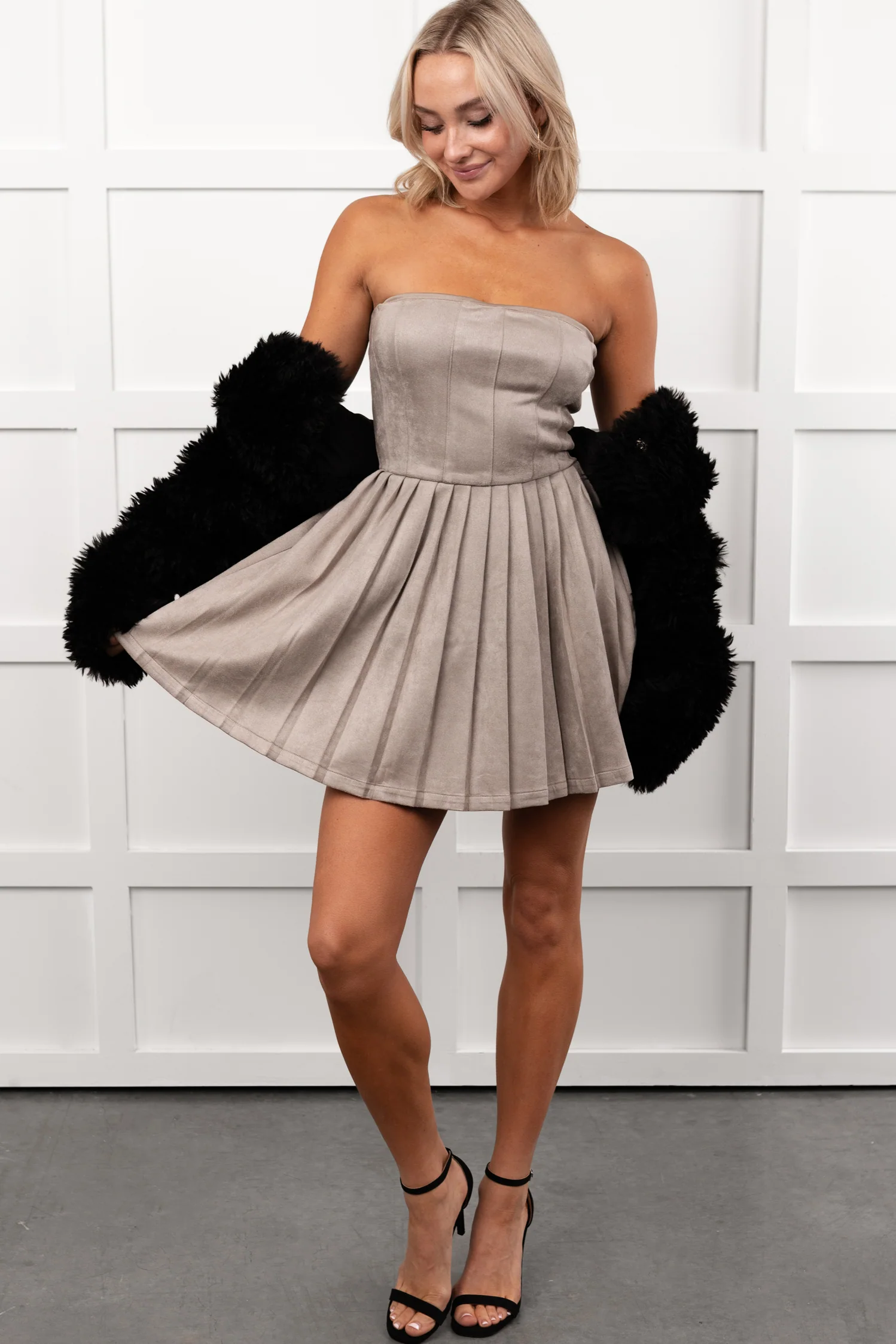Up A Notch Faux Suede Pleated Mini Dress (Cement) - Image 10
