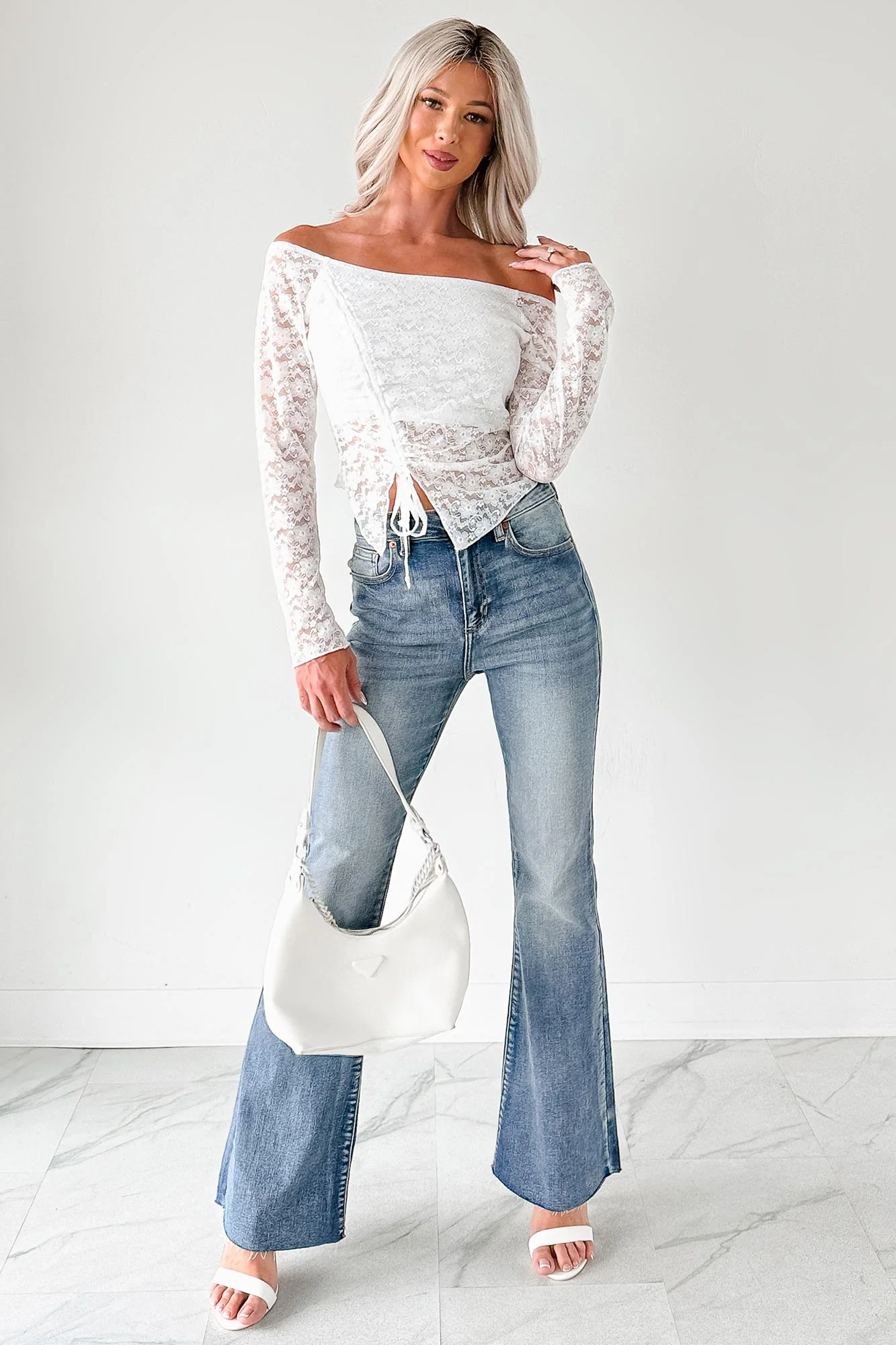 Up To Standard Ruched Lace Asymmetric Top (Ivory) - Image 2