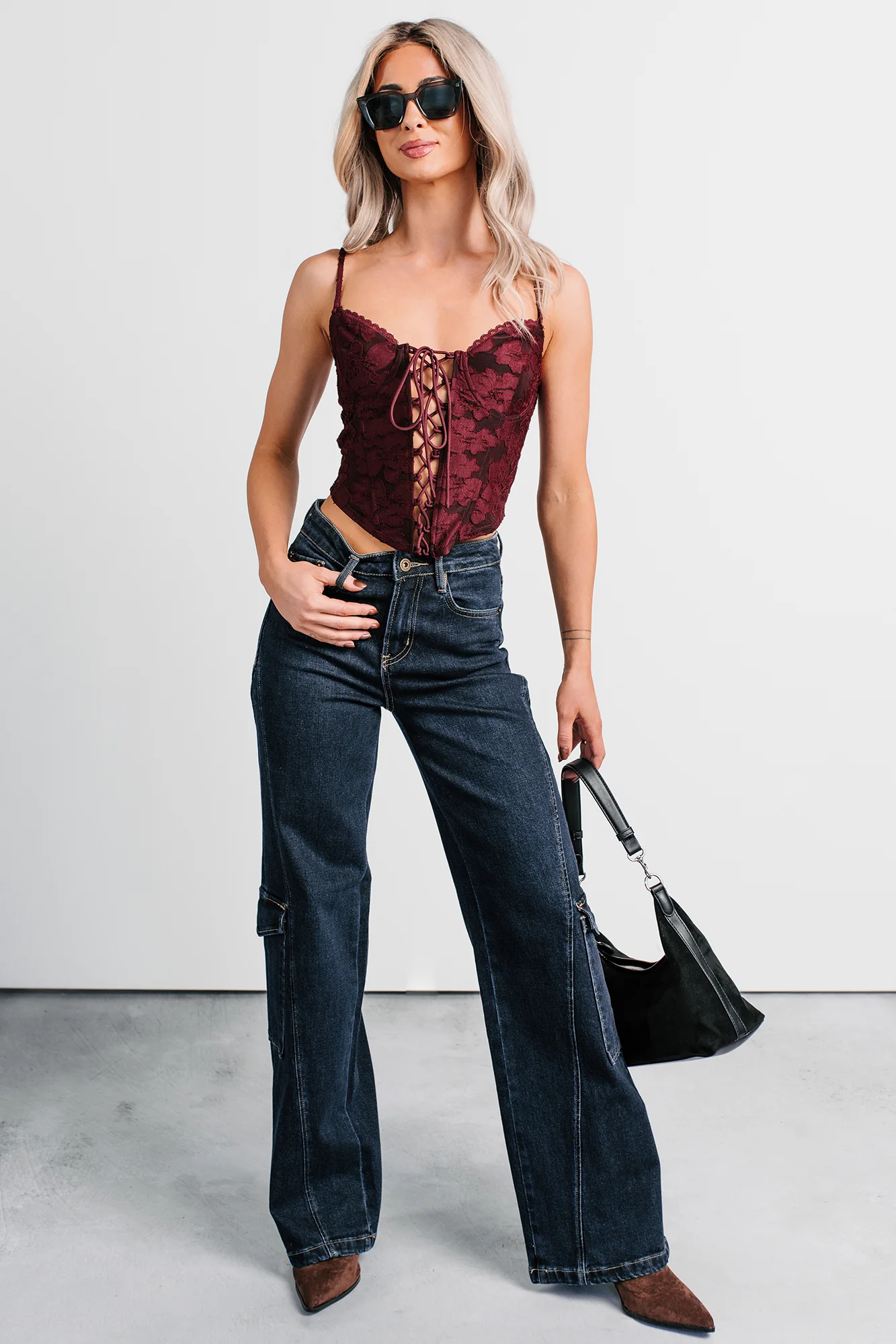 Urban Darling Floral Corset Crop Top (Burgundy) - Image 2