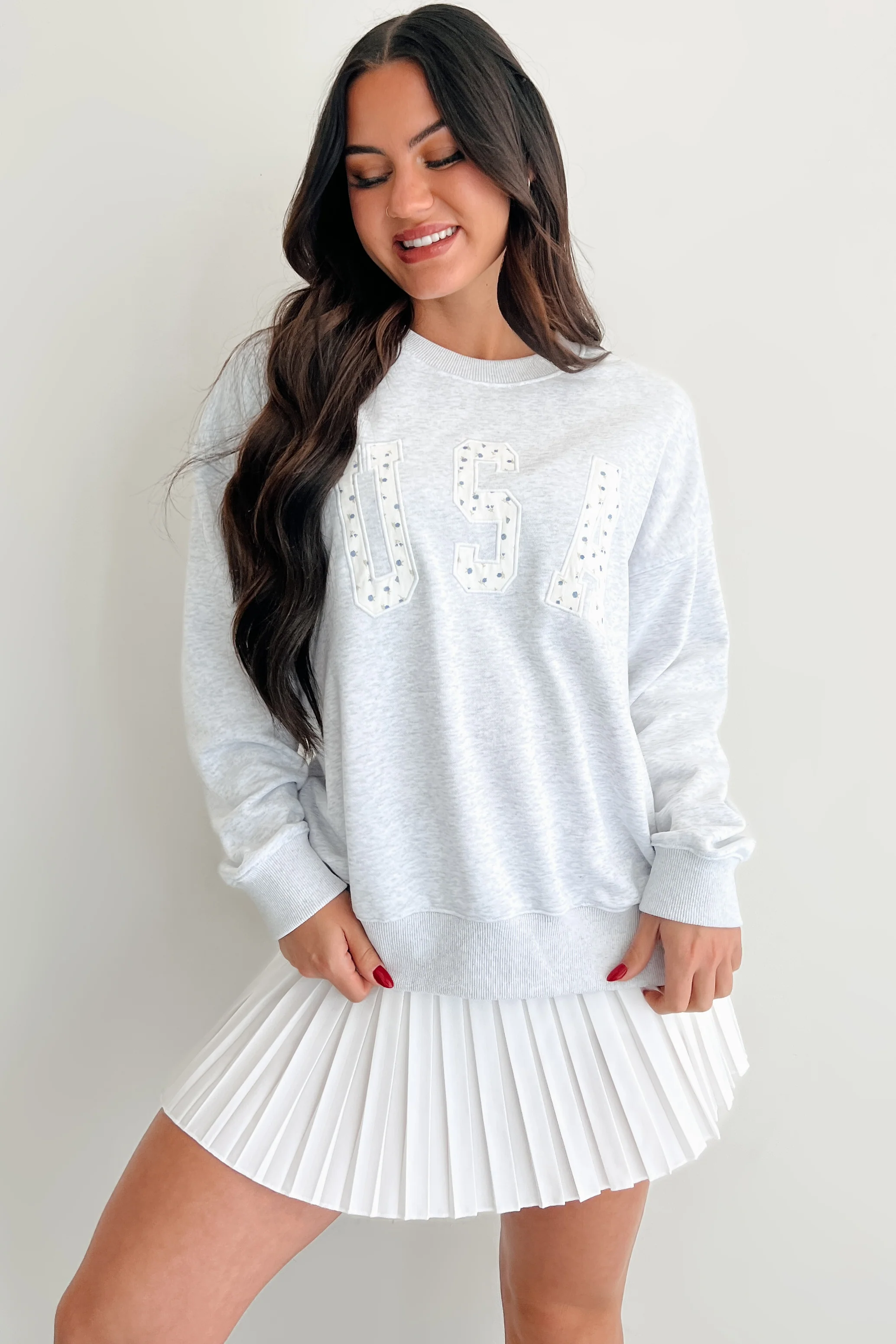"USA" Floral Embroidered Sweatshirt (Light Grey) - Image 12