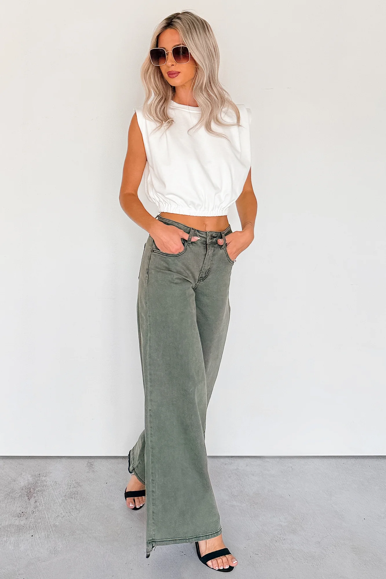 Valencia High Rise Wide Leg Mica Denim Jeans (Dark Green) - Image 6