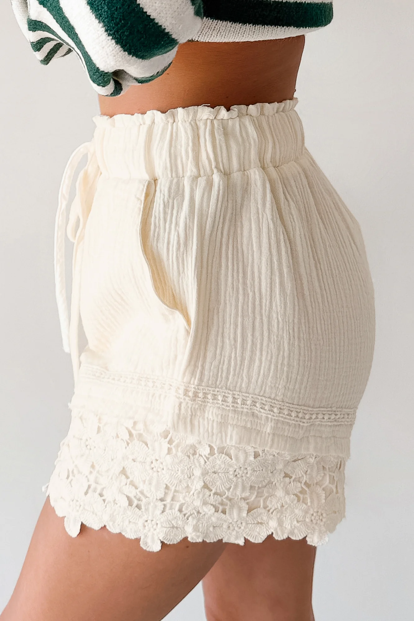 Warm Welcoming Floral Trim Woven Shorts (Cream) - Image 3