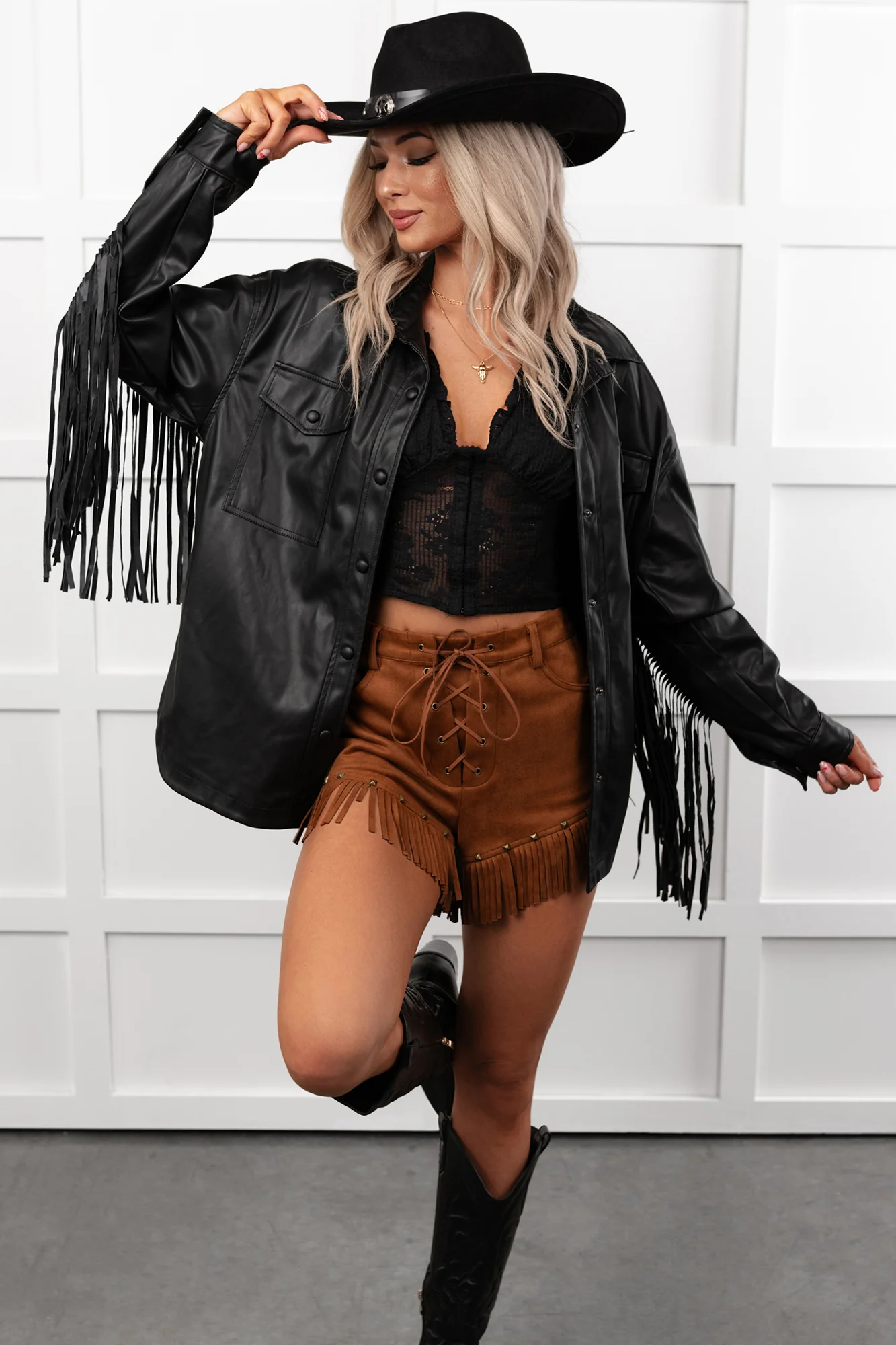 Wild West Whimsy Fringe Faux Leather Jacket (Black) - Image 8