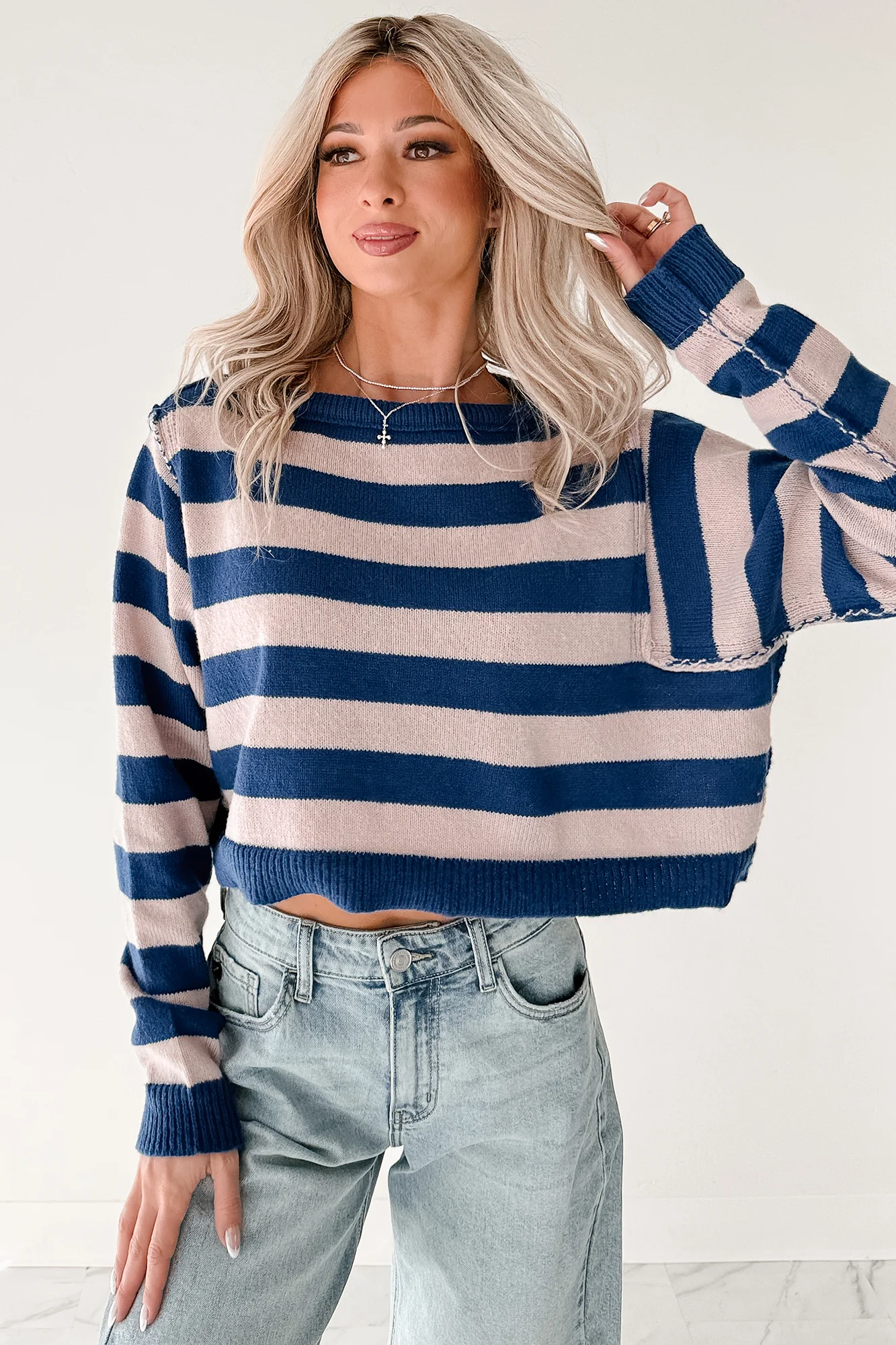 Wishing Well Stripe Boat Neck Sweater (Cobalt/Dusty Pink)
