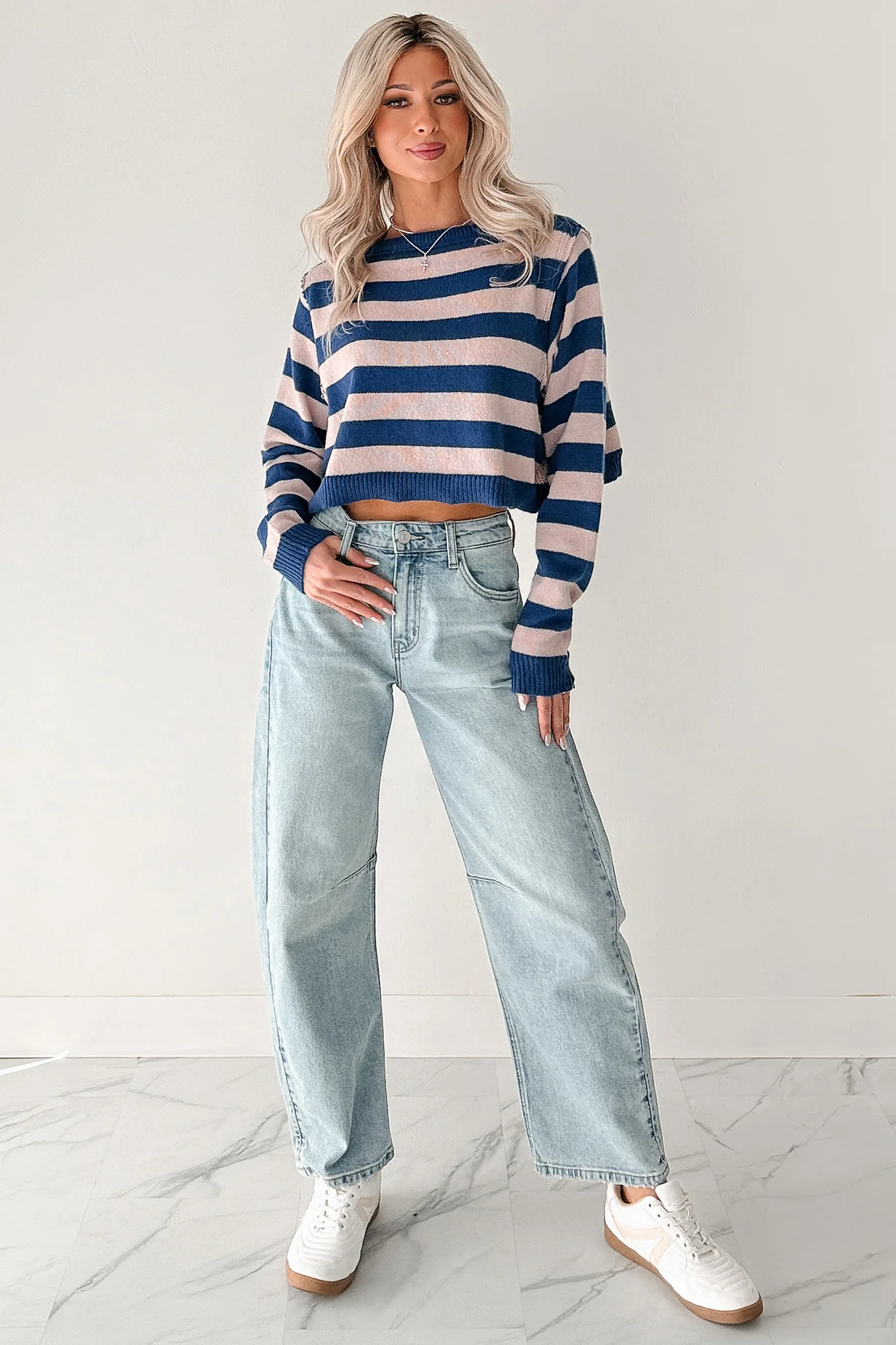 Wishing Well Stripe Boat Neck Sweater (Cobalt/Dusty Pink) - Image 7
