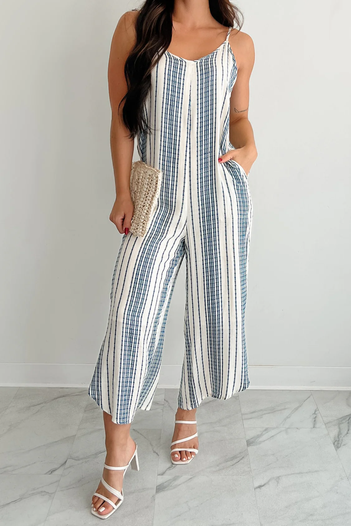 Worn With The Wind Sleeveless Striped Jumpsuit (Ivory/ Blue) - Image 2