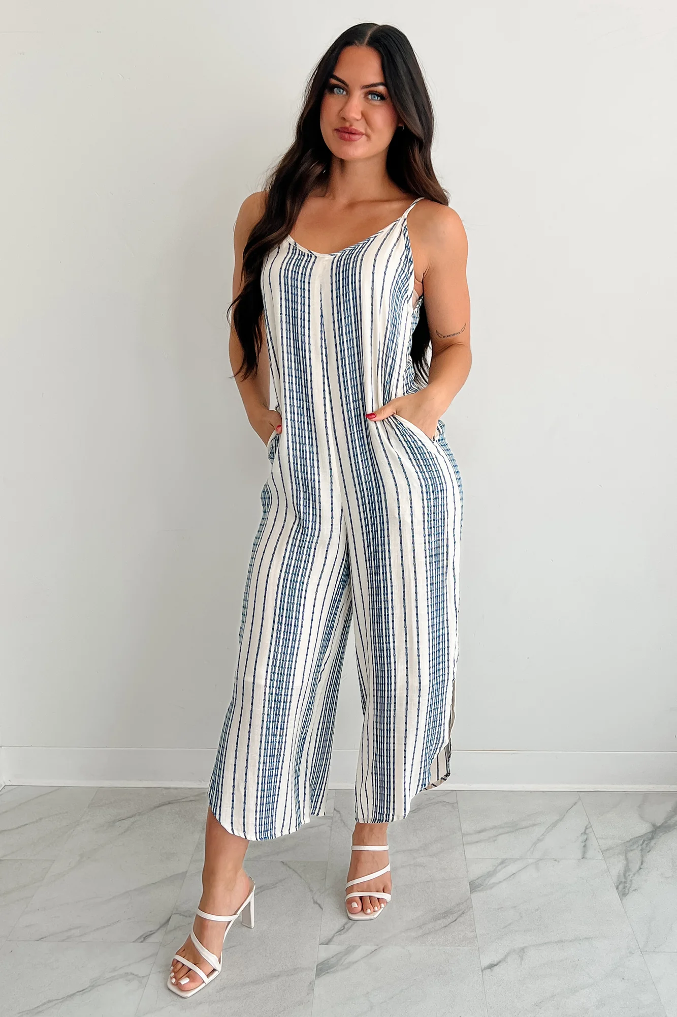 Worn With The Wind Sleeveless Striped Jumpsuit (Ivory/ Blue) - Image 6